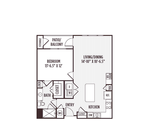 Floor plan for 1 bed, 1 bath, 826 sqft